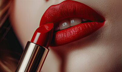 Poster - woman applying red lipstick CloseUp 