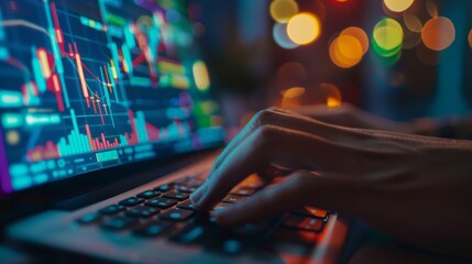 Fototapete - Close-up of hands typing on a laptop keyboard with a stock chart visible on the screen.
