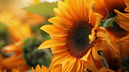 Poster - Close-up of sunflowers with a focus on their bright yellow petals and green leaves.