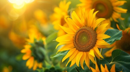 Poster - Close-up of sunflowers with a focus on their bright yellow petals and green leaves.