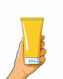 Fototapeta Dziecięca - Illustration of a hand holding an unbranded yellow skin care product. Mock up