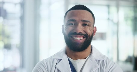 Poster - Hospital, doctor and face of black man with crossed arms for medical career, service and consulting in clinic. Professional, healthcare and portrait of worker confident for wellness, trust and care