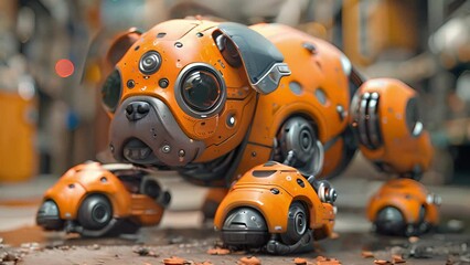 Poster - This Orange robot dog in standing position on gray concrete floor.
