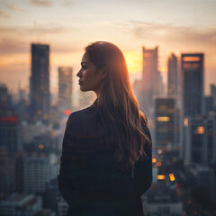 Wall Mural - A woman with long hair stands in front of a city skyline during sunset.
