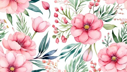 Wall Mural - A watercolor painting of a flower garden with pink flowers and green leaves. The flowers are arranged in a way that creates a sense of movement and depth. The overall mood of the painting is peaceful