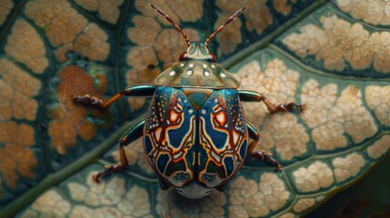 Poster - Colorful shield bug resting on a leaf with its unique patterns.