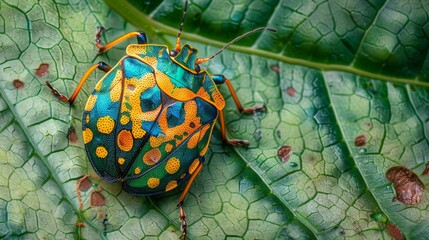 Poster - Colorful shield bug resting on a leaf with its unique patterns.