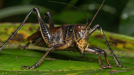 Poster - Cricket sitting on a leaf, ready to jump with its powerful legs.