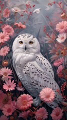 Wall Mural - A painting of a white owl surrounded by flowers