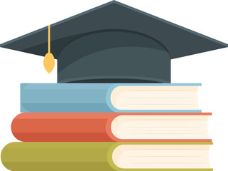 Poster - vector illustration of a black graduation cap atop a pile of multicolored books, symbolizing educati