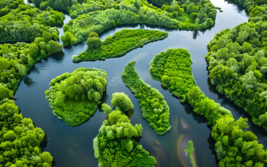 Wall Mural - A breathtaking aerial view of a river with multiple paths and meanders surrounded by green trees and vegetation, perfect for showcasing the beauty of nature and ideal for travel and tourism...