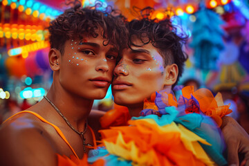 Two young men with vibrant makeup and colorful outfits at a lively festival with bright lights and decorations.