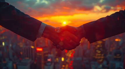 Wall Mural - businessmen handshake on skyscraper background at sunrise partnership successful deal agreement business contract concept.stock photo