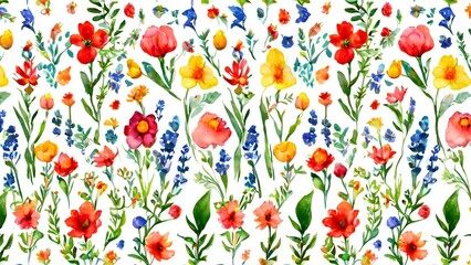 Wall Mural - A colorful floral pattern with a white background. The flowers are bright and vibrant, creating a cheerful and lively atmosphere