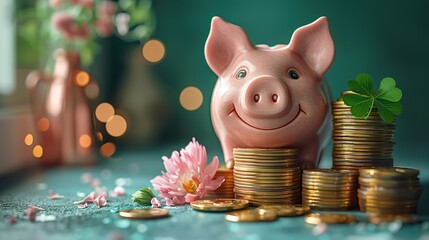 smiling pink pig piggy bank next to a stack of gold coins and a four leaf clover sticking out from it isolated on blue background investment success savings concept .illustration stock image