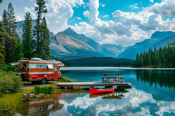 A red camper van is parked at a dock by a lake