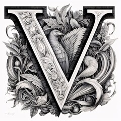 Poster - Luxury capital letter V with floral ornament. Hand-drawn illustration.