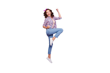 Sticker - Full length size sweet gorgeous nice adorable good-looking leisure lifestyle lady with her brunette style stylish trendy wave curly hair she raised fist jump isolated on purple violet background