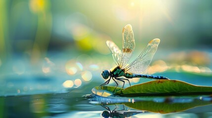 Poster - Dragonfly with transparent wings resting on a leaf by the water.