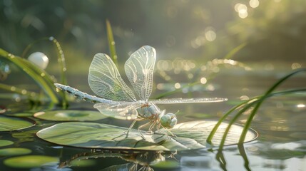 Poster - Dragonfly with transparent wings resting on a leaf by the water.