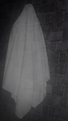 Wall Mural - vertical ghost floating along dark brick wall 4k loop features a floating ghost flying down a dark h