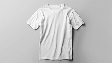 Wall Mural - A clean, white t-shirt is displayed flat on a neutral gray surface for visual merchandising,White Crew Neck rew Neck T-shirt, T-Shirt on soft gray background. 