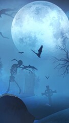 Wall Mural - vertical graveyard at midnight with full moon skeleton 4k features an old cemetery with a full moon,