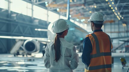 Wall Mural - Two engineers in hard hats looking at an airplane in a hangar.	