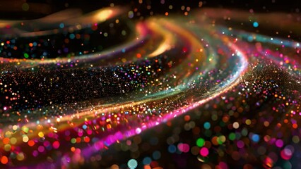 Fototapete - Wavy trails of vibrant lights and sparkling particles create a mesmerizing abstract pattern against a dark background, evoking a sense of motion and magic.