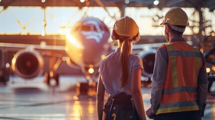 Wall Mural - Two engineers in hard hats looking at an airplane in a hangar.	