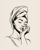 Fototapeta Dziecięca - Skincare illustration. Woman with her hair wrapped in an orange towel applying face cream