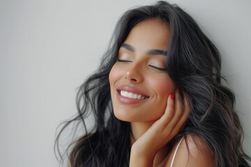 Wall Mural - Indian woman with dark hair and a joyful smile, eyes closed, hands on her face, expressing happiness