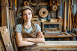 © ImageFusion - Portrait woman carpenter in a large woodworking shop. ai generative