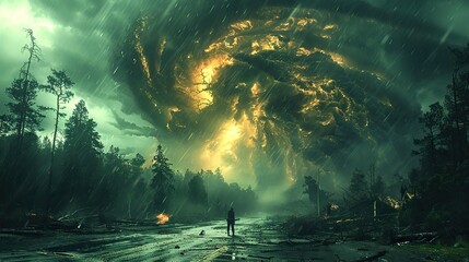 Wall Mural - A colossal tornado, wielding immense power, sweeps across a lowland, leaving behind a devastated forest and catastrophic damage, a vivi of the profound consequences of climate change..stock photo