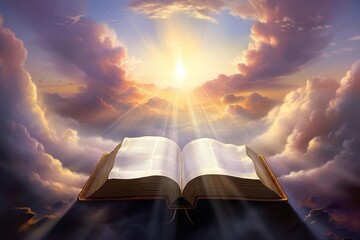 Wall Mural - A mesmerizing painting of an open Bible with a glowing cross above it, surrounded by radiant light and ethereal clouds The artwork uses a vibrant color palette with luminous hues, creating a divine an