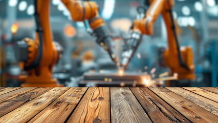 Wall Mural - Empty wood table top with blur background of factory with robotic arms. The table giving copy space for placing advertising product on the table along with robot arm factory background.