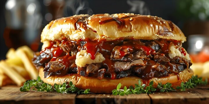 Image showing a crosssection of a loaded BBQ beef sandwich. Concept Food Photography, BBQ Sandwich, Cross-Section Shot, Culinary Art