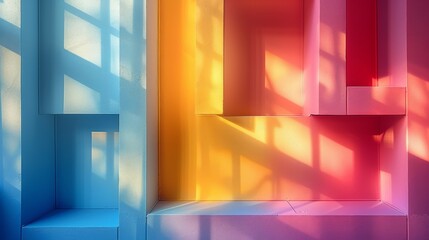 Poster - Colorful geometric abstract art with sunlit shadows on blue, yellow, and red panels