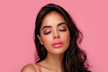 Poster - Young woman with dark hair eyes closed and pink makeup exuding elegant vibe against pink background