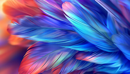 Neon feathers moving smooth. Abstract feather rainbow background. Closeup image fluffy feather under colorful pastel neon.