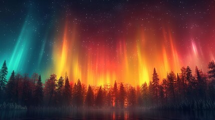 astronomy background, northern lights shimmering over a forest with the vibrant colors illuminating 