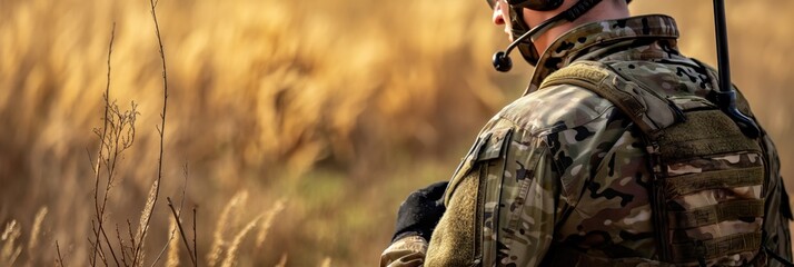 Wall Mural - Side view of a soldier in camouflage uniform looking towards a sunset Communicates themes of vigilance and duty