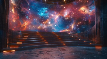Astronomy Background, Stage designed with a space and astronomy theme featuring images of stars, galaxies, and nebulae to inspire and captivate the audience. Illustration image,