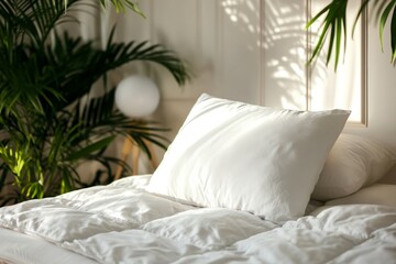 Wall Mural - a bed with white pillows and a plant in the background