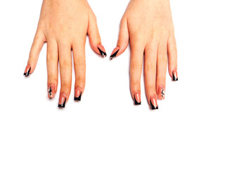 Teenager hands with elegant nail manicure on white surface background. Beauty and fashion concept. Copy space.