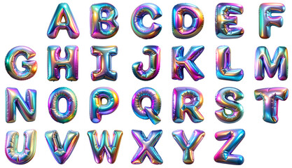 Alphabet in the shape of 3D balloons with a glossy holographic finish in vibrant colors on a transparent background.