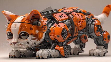 Aufkleber - This orange and black robot cat stands on a white surface. Orange and Black Robot Cat on White Surface