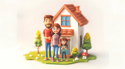 Wall Mural - A happy family standing in front of their new home, cartoon style concept showcasing excitement of finding the perfect house for sale.