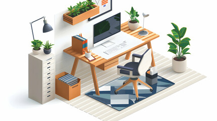 Wall Mural - Modern Home Office Space Concept: 3D Flat Icon Highlighting Functionality and Appeal of Dedicated Workspace in a Home for Sale Cartoon Style