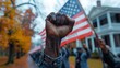 © Emile - The defiant fists of African Americans held high before the Confederate flag represent a potent symbol of resistance and demand for justice, equality.stock image